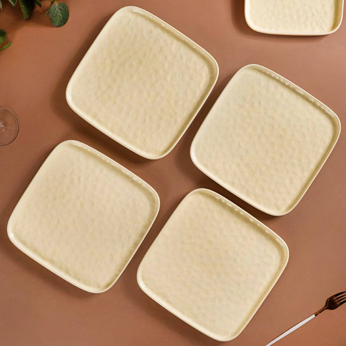 Textured Ceramic Square Dinner Plate Vanilla White Set Of 4 10 Inch