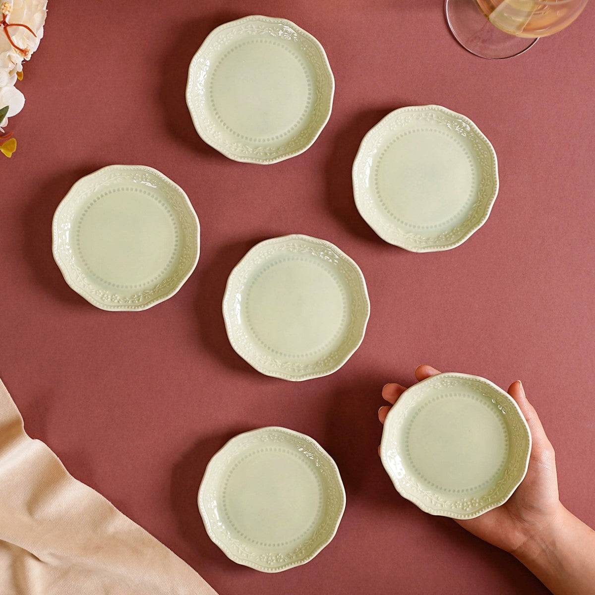 Era Embossed Small Dessert Plate Set Of 6 Light Green 4.5" buy only at ₹1250