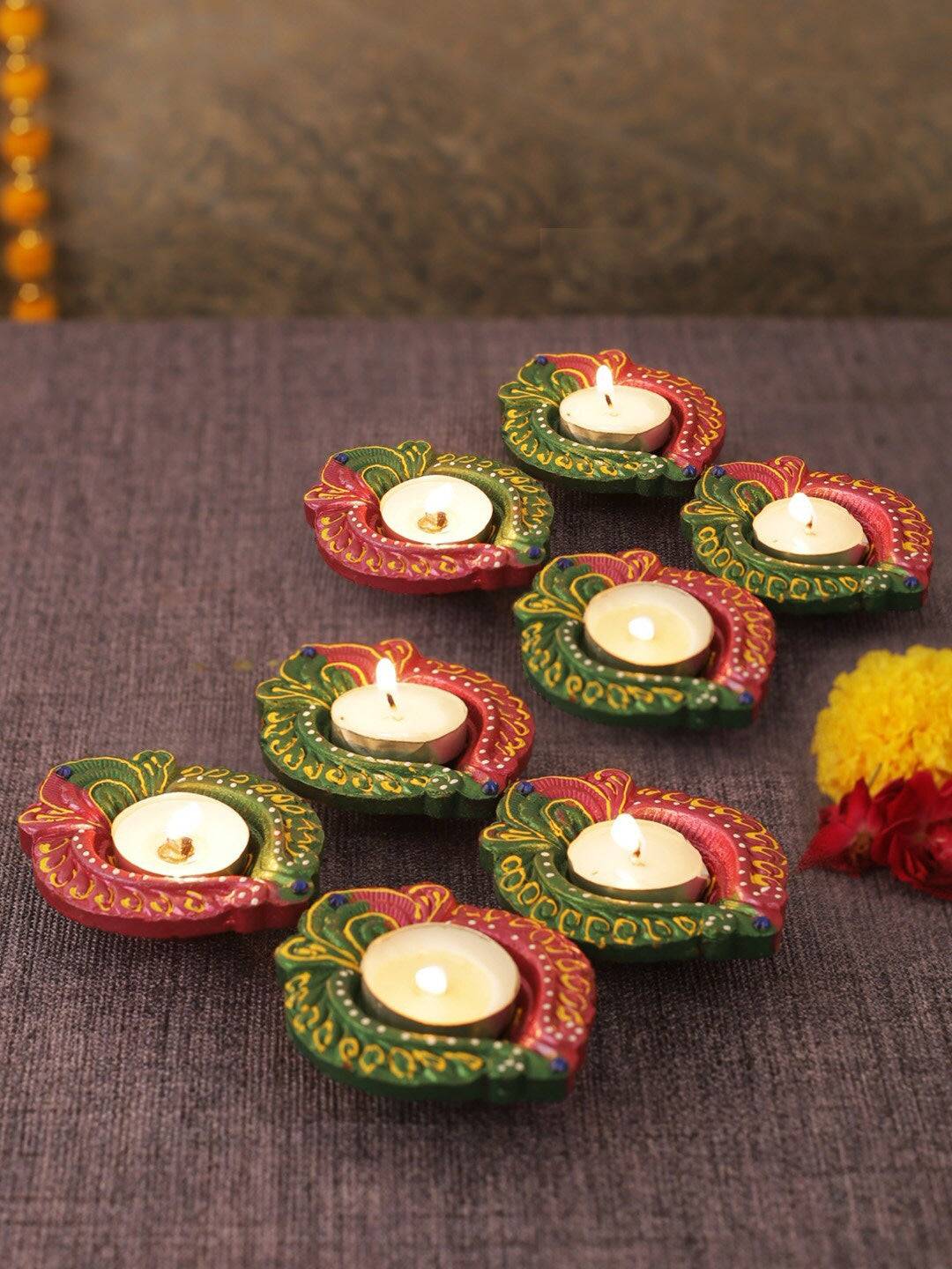 Green & Pink Terracotta Diyas Set of 8