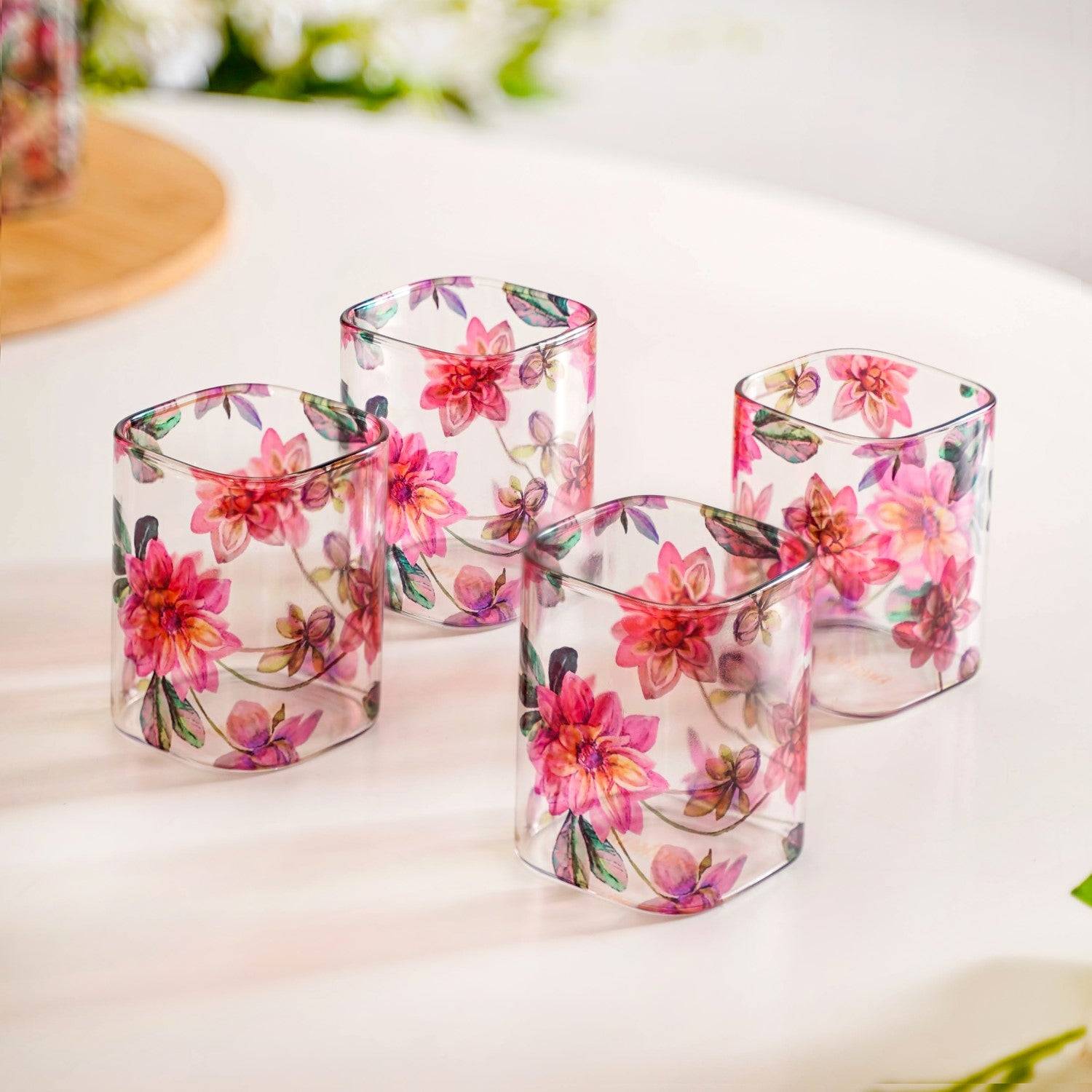 Pink Lotus Square Borosilicate Glass Tumbler Set Of 4 230ml buy only at ₹1250