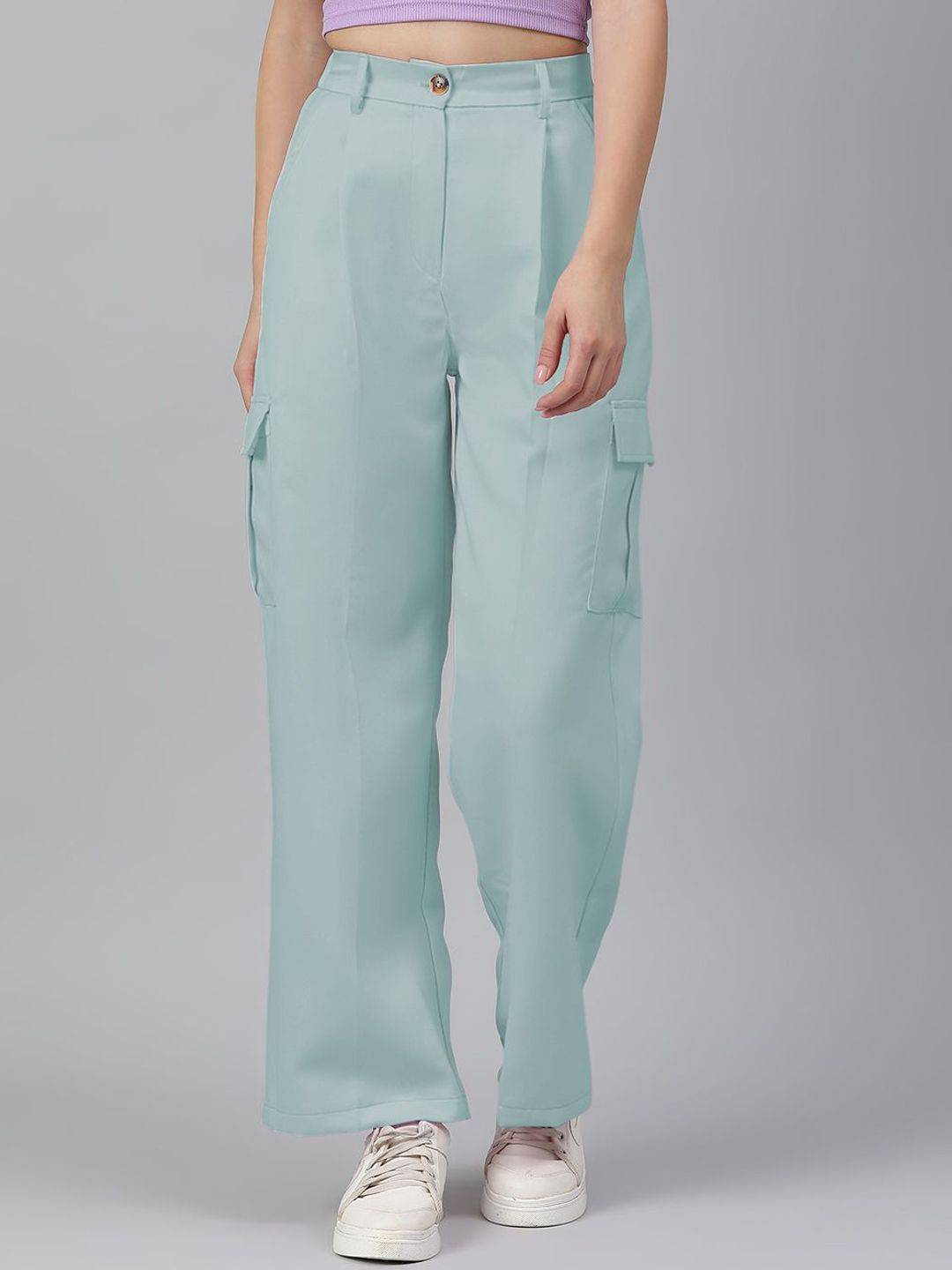 Kotty Women Relaxed Straight Leg Straight Fit High-Rise Easy Wash Pleated Cargos Trousers