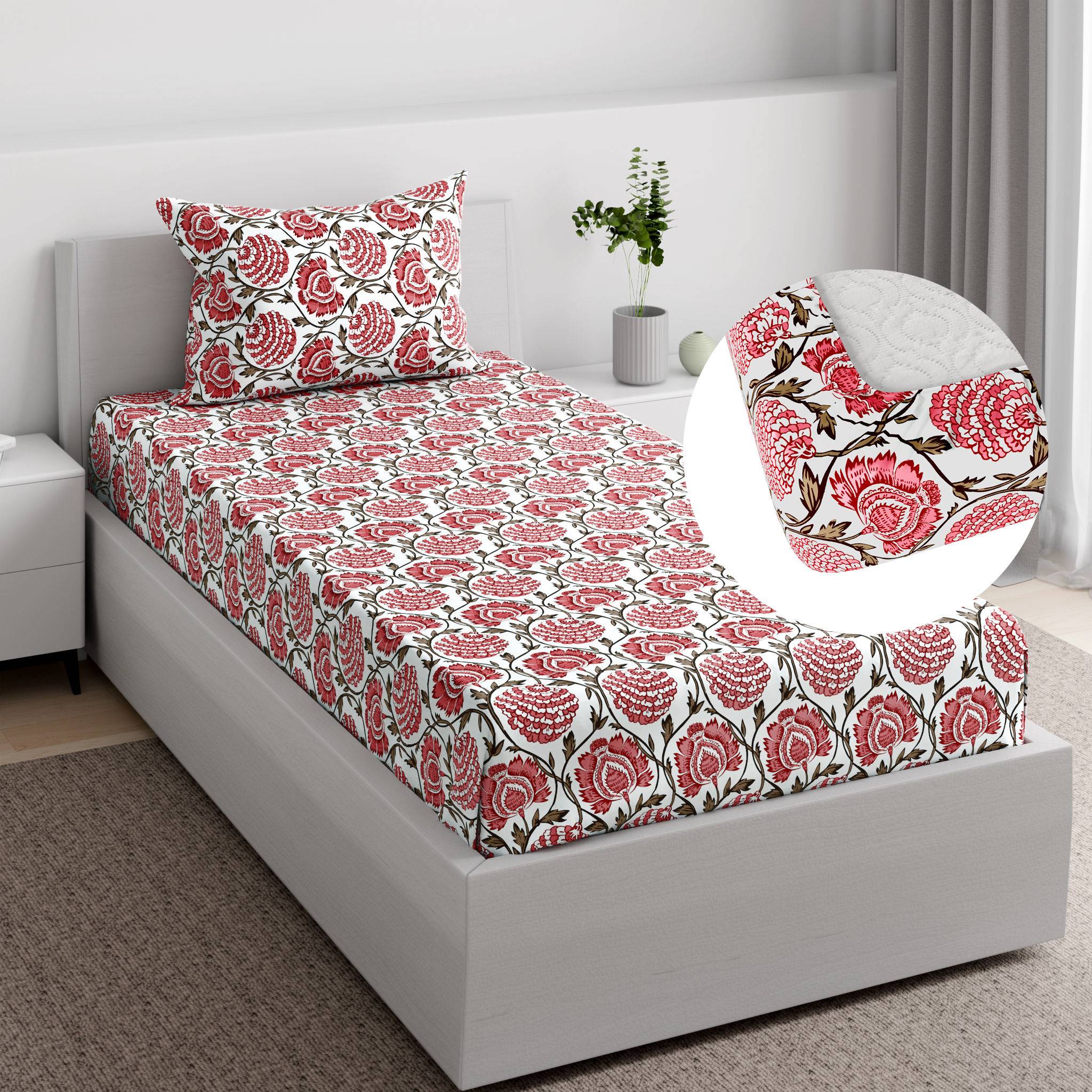 Essentials 100% Cotton Super Soft Fitted Bedsheet With 1 Pillow Cover | Elora Single, 72" x 42", Elora | 1.83m x 107cm (72x42 inch)