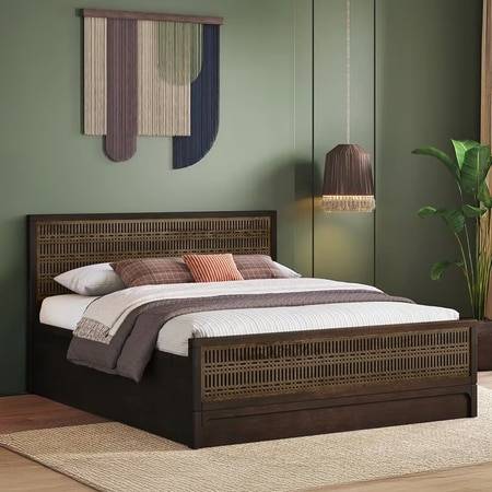 Masai Solid Wood Queen Size Hydraulicstorage Bed In American Walnut 2 Tone Finish