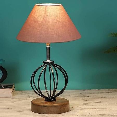 Adriana Grey cotton Table lamp with Wood & Iron Base