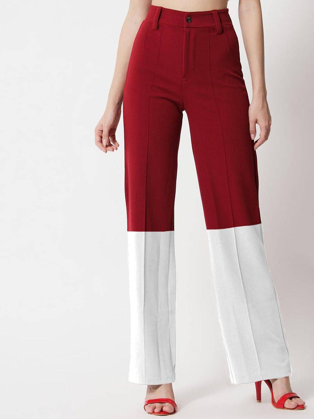 Kotty Women Colourblocked Regular Fit High-Rise Easy Wash Trousers