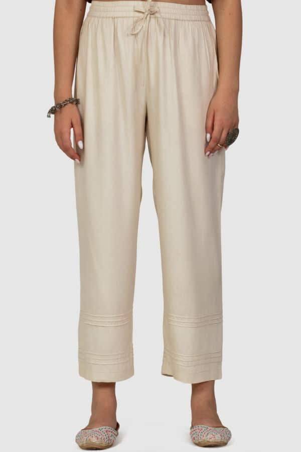 Cream Viscose Twill Palazzo with Regular Fit