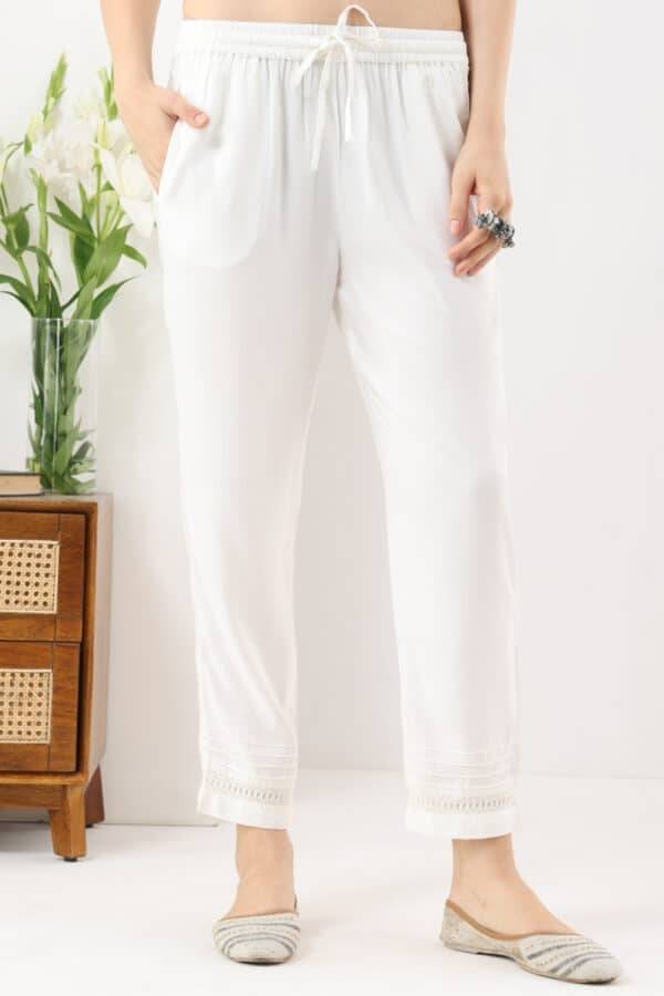 White Viscose Twill Palazzo with Regular Fit