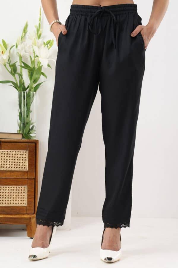 Black Rayon Twill Palazzo with Regular Fit