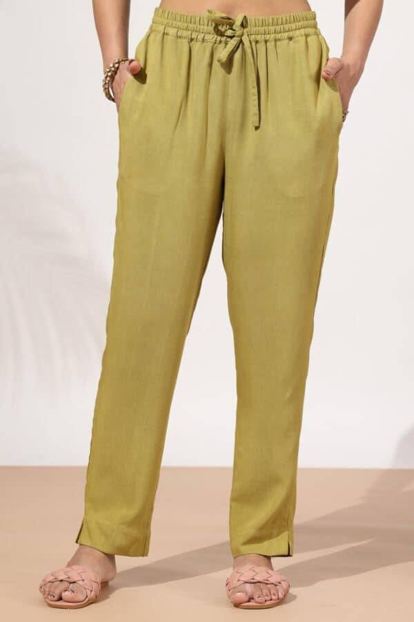 Olive Green Solid Viscose Twill Palazzo Pant