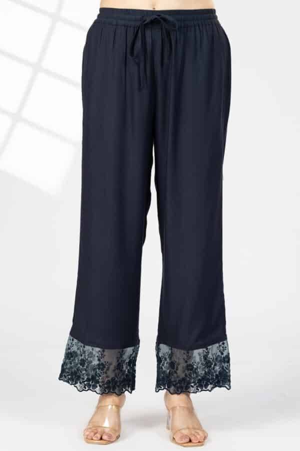 Embroidered Navy Blue Tencel Twill Palazzo Pant