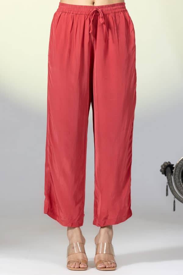 Solid Red Natural Crepe Ensemble Palazzo