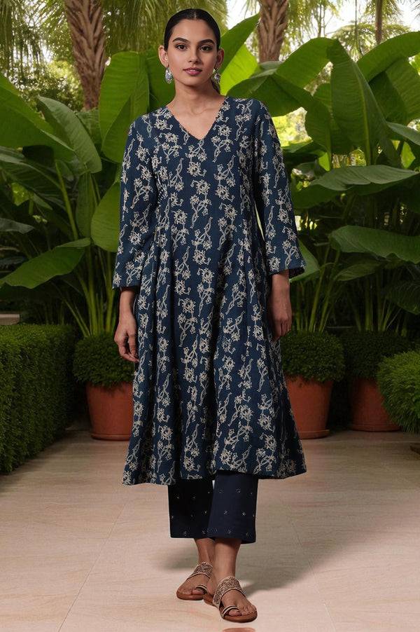 Floral Printed  Flared Cotton Blend Kurta