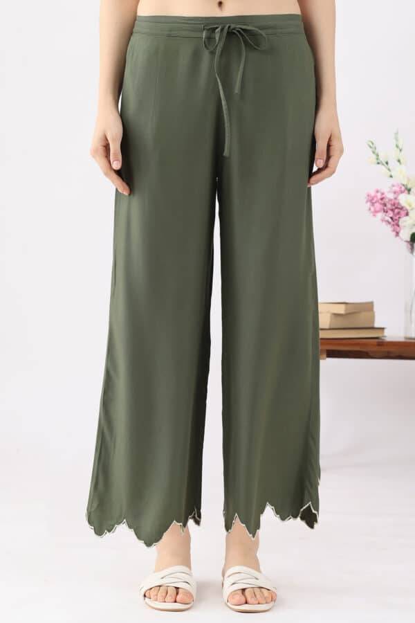 Olive Green Embroidered Co Ord Pant