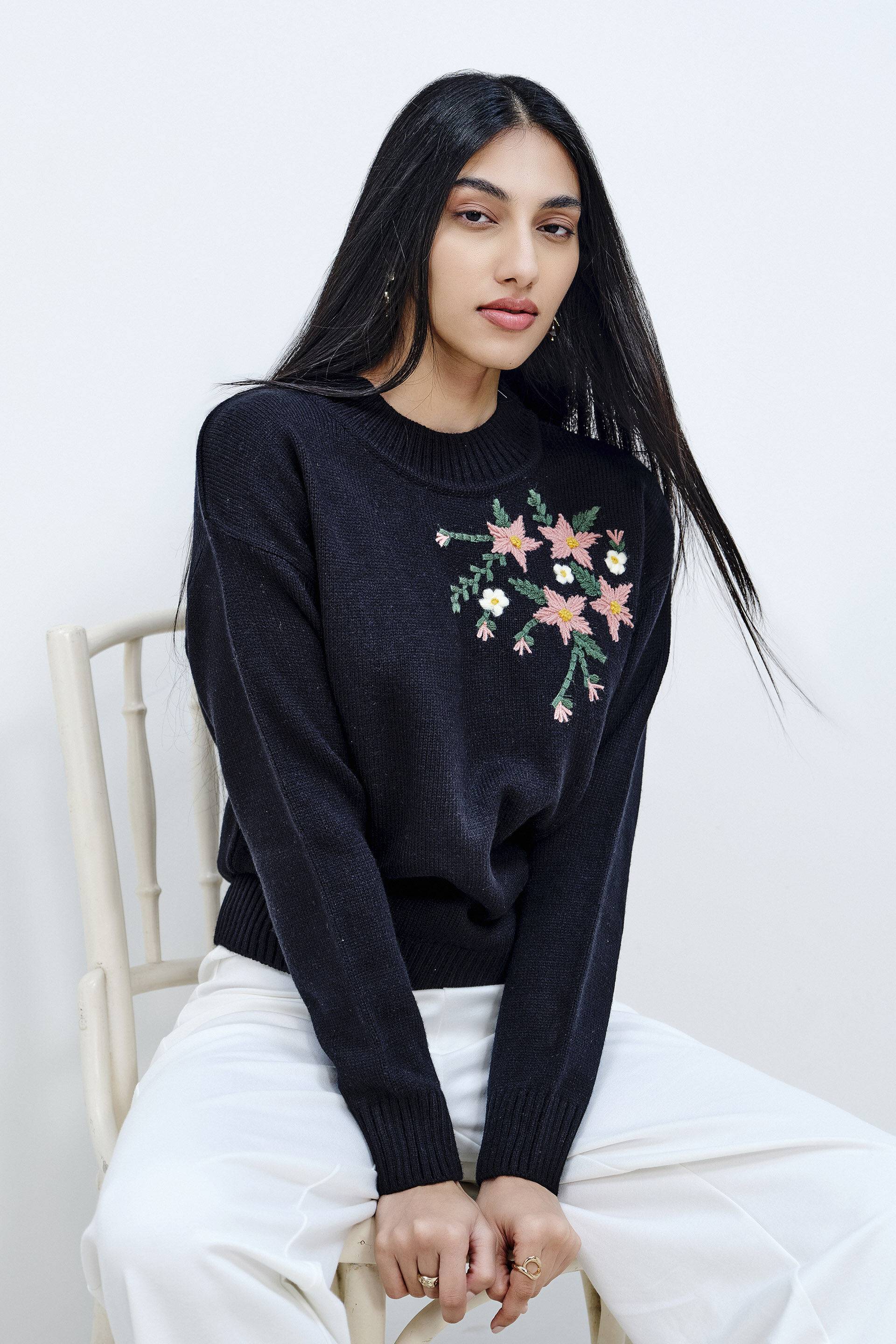 Floral Embroidery Black Sweater Buy at ₹3790