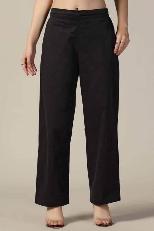 Black Solid Cotton Satin Lycra Pants