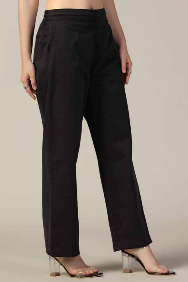 Black Solid Cotton Satin Lycra Pants