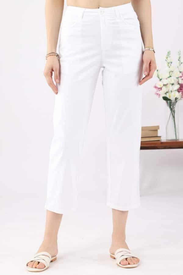 White Solid Regular Fit Pant in Cotton Satin Lycra