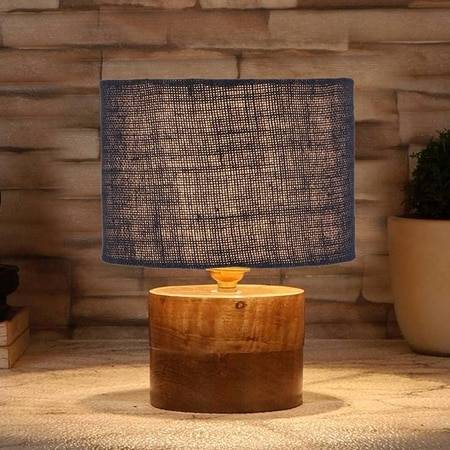 Damia Blue Jute table lamp with Natural Wood Base