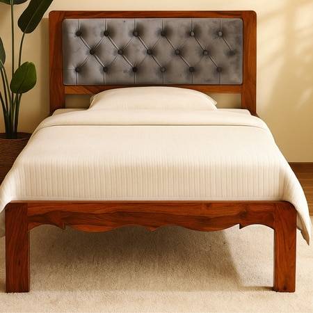 Buttoned Solid Wood Non Storage Single Bed in Provincial Teak Finish