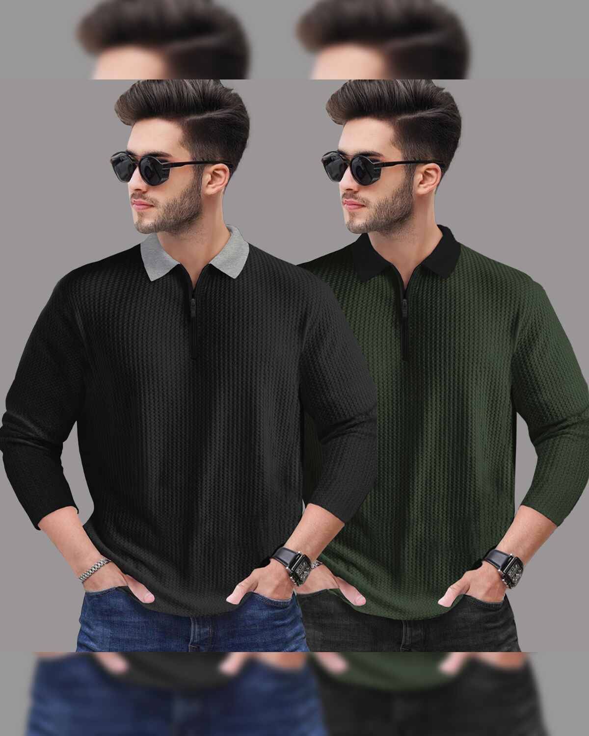 Combo of 2 Men’s Waffle Textured Black & Olivegreen Polo T-Shirts with Quarter Zip Neck – Contrast Collar Full Sleeve