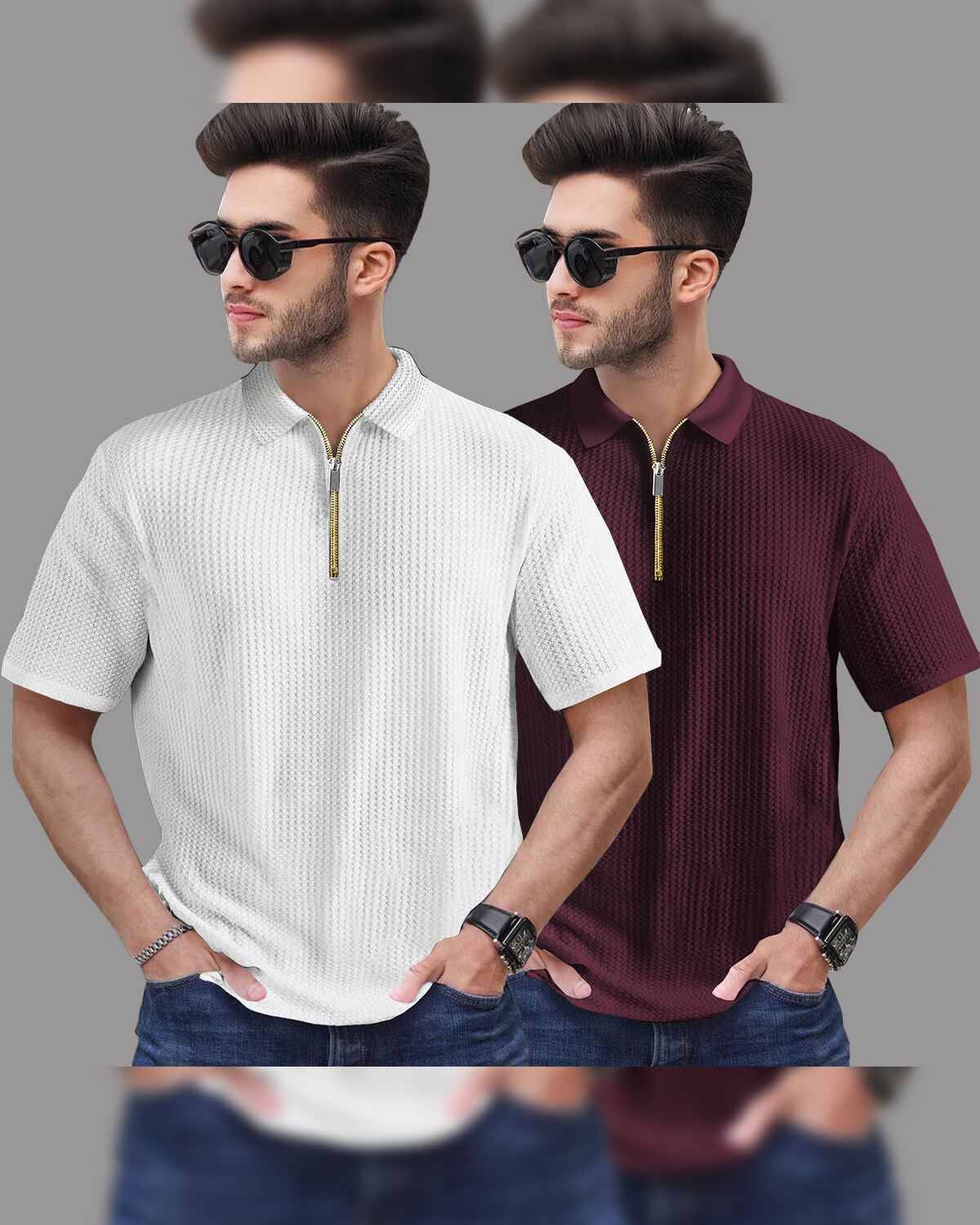 6 Variants (Pack Of 2) Polo Collar Waffle Textured Tshirts