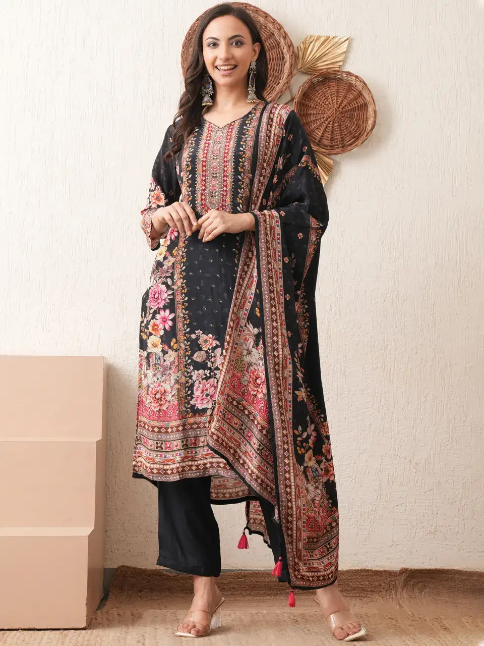 Faeezah Noore Black Bloom Crepe Suit Set Buy @ ₹4590