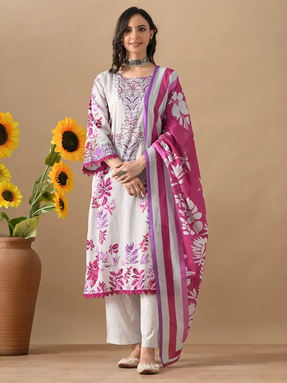 Faeezah White Purple Printed Lace Suit Buy @ ₹3655
