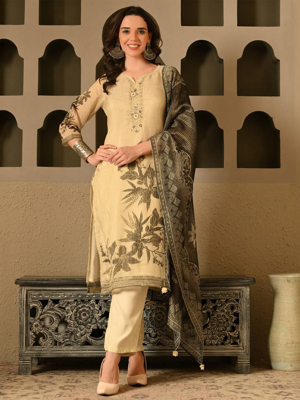 Faeezah Cream Black Floral Magic Suit Buy @ ₹4845