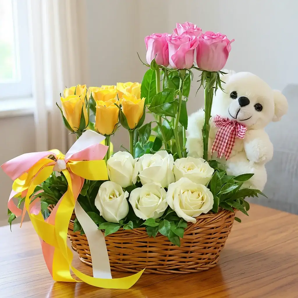 Flower Arrangement Of Roses With Teddy