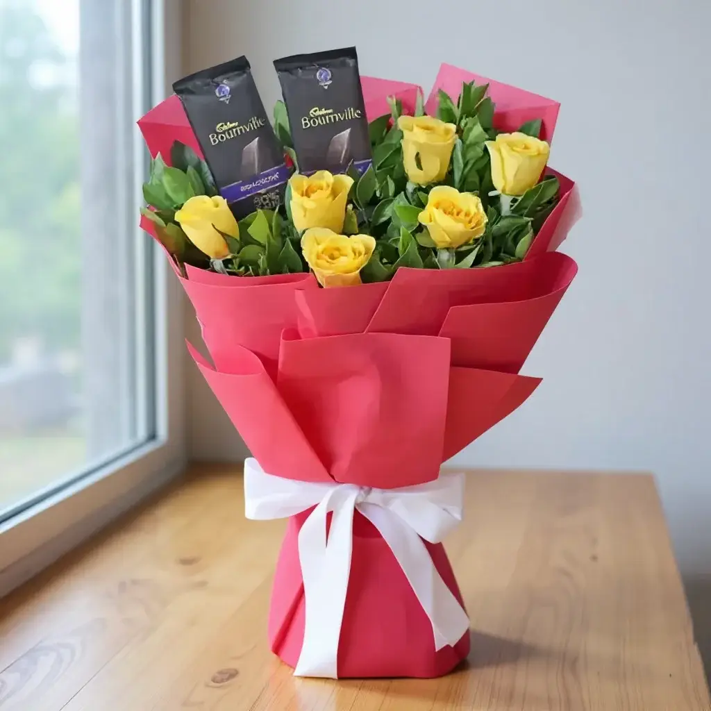 Flower Arrangement of Yellow Roses & Chocolates