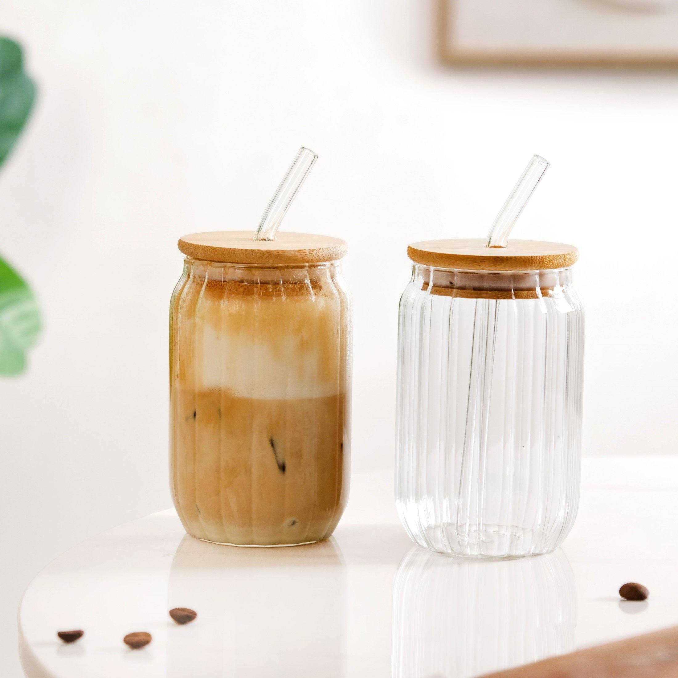 Fluted Glass Tumbler With Straw And Wooden Lid Set Of 2 400ml buy only at ₹695