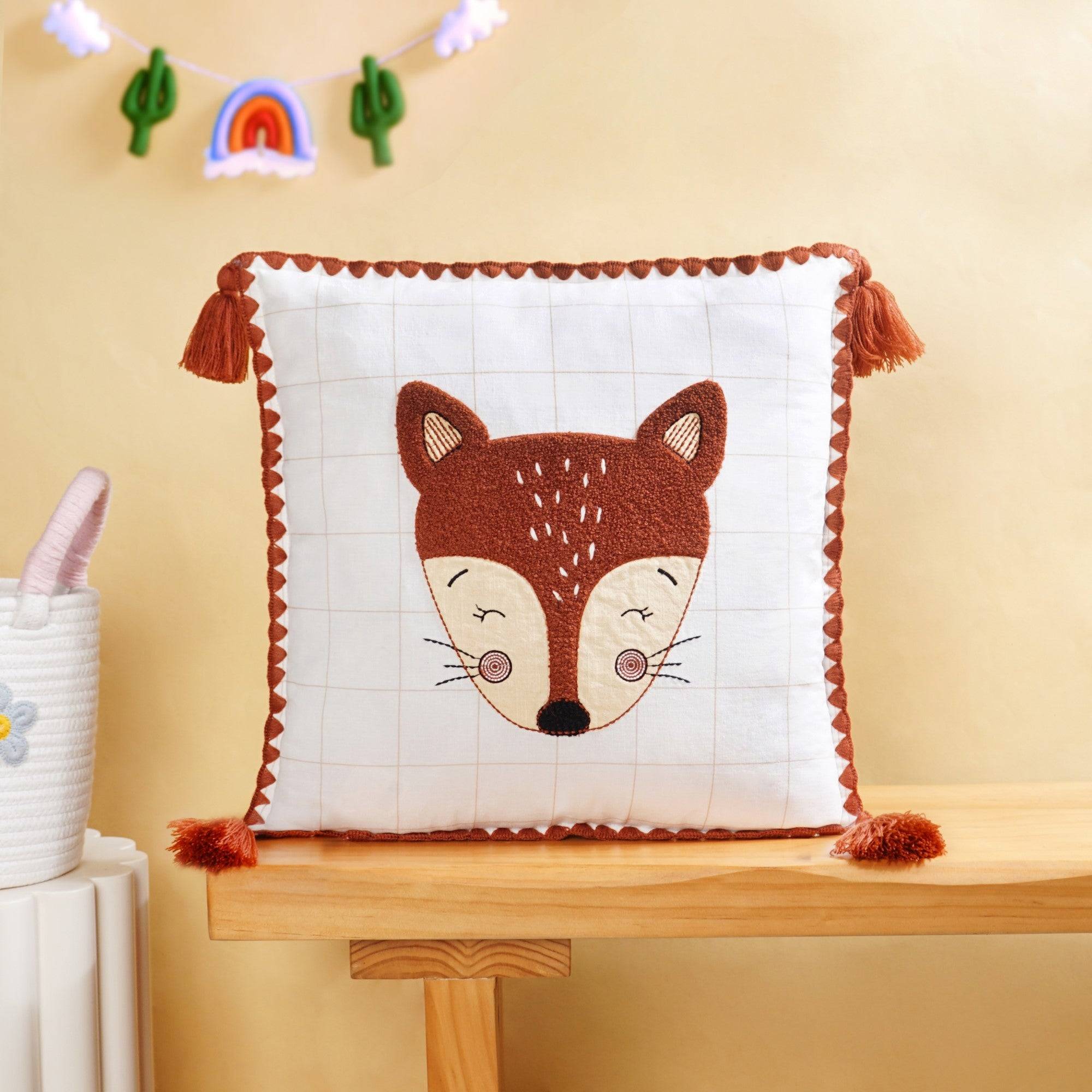 Fox Embroidered Cotton Kids Cushion Cover 42x42cm