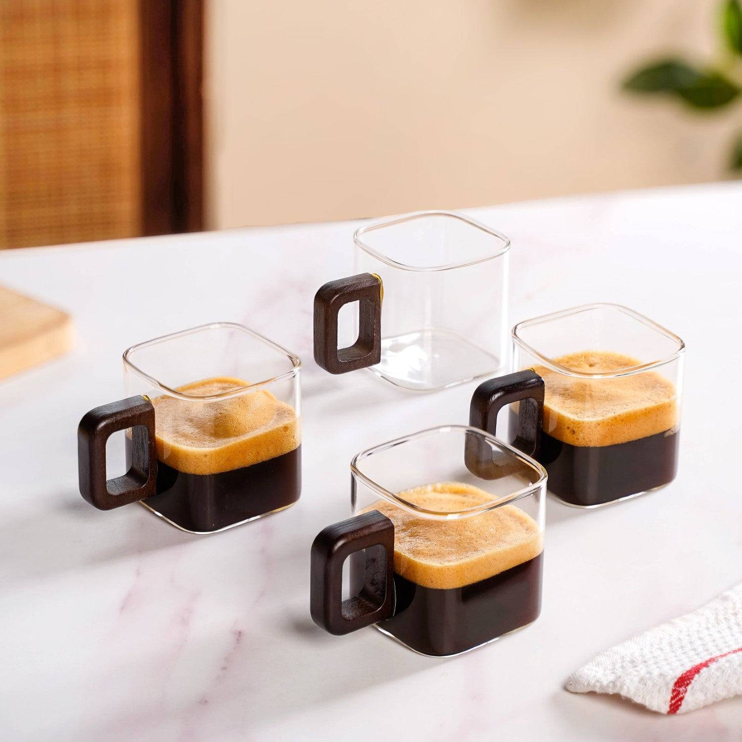 Fusion Square Glass Cups With Wooden Handle Set Of 4 200ml