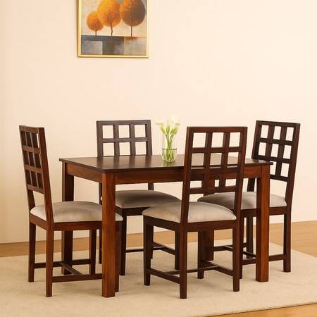 Globally Indian Sheesham Wood 4 Seater Dining Table Set With 4 Seater  Cushioned Chairs - Block Backrest