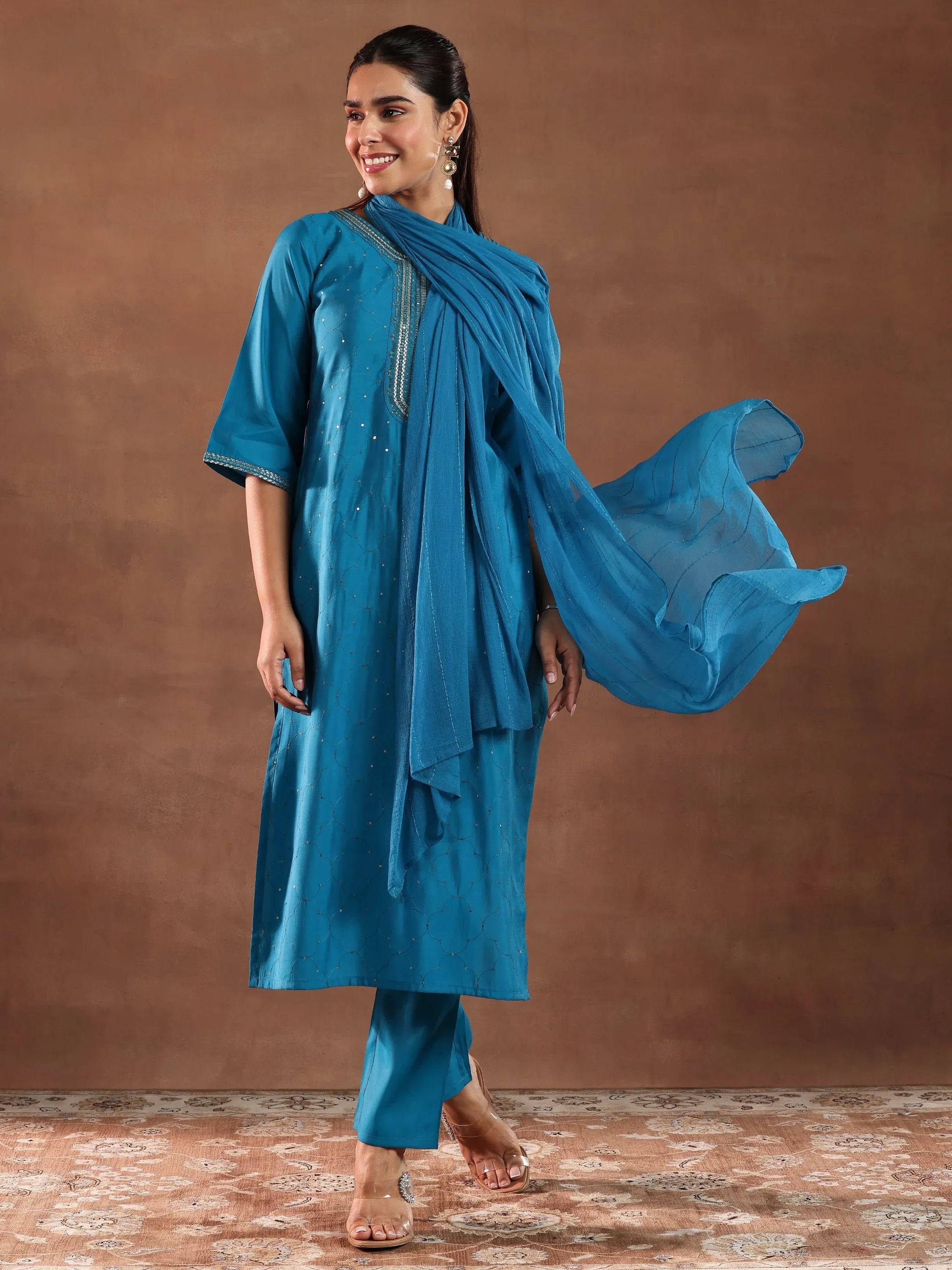 Blue Self Design Silk Blend Straight Su... Buy only at ₹2999