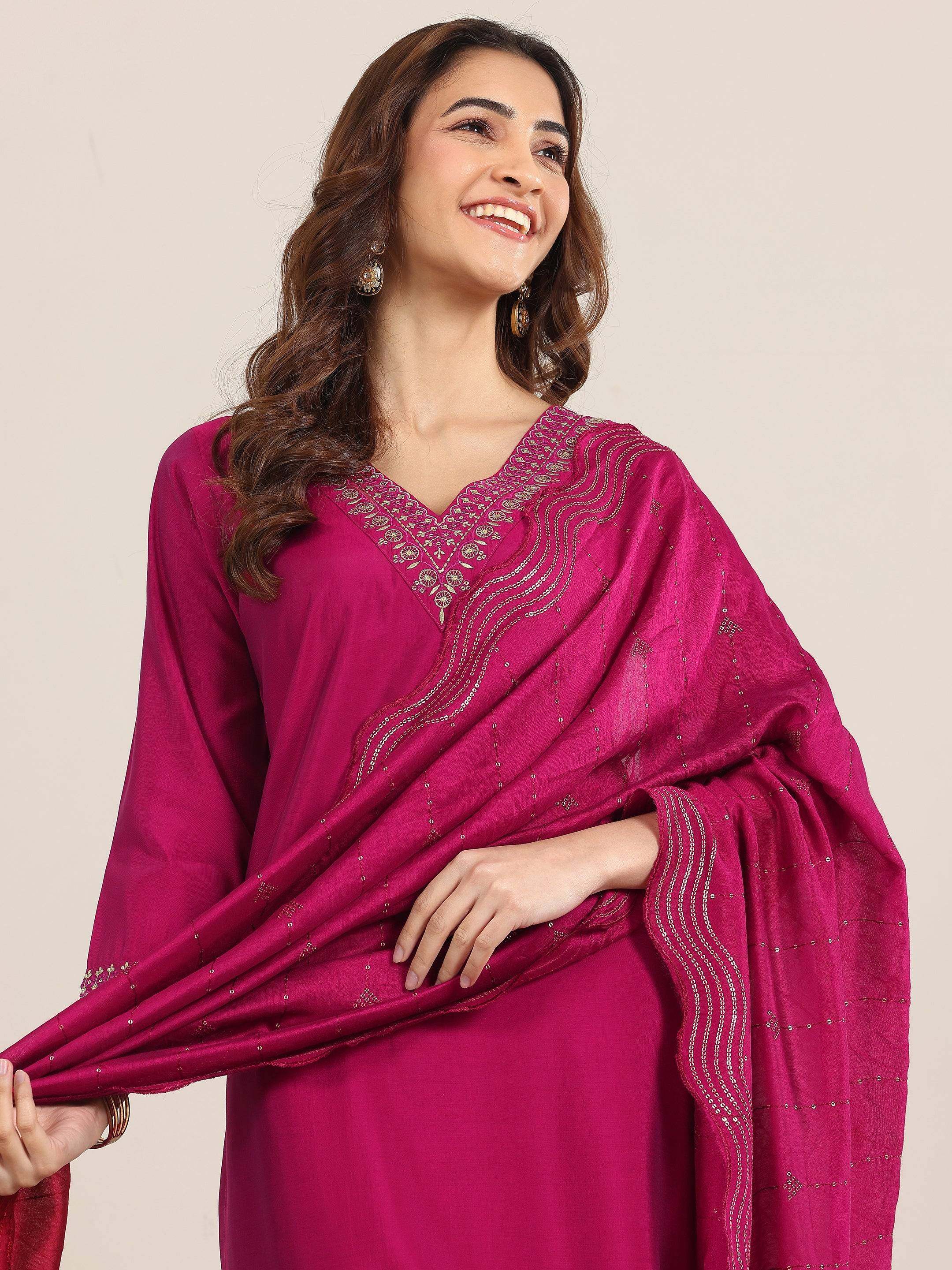 Burgundy Yoke Design Silk Blend Straigh... Buy only at ₹4399