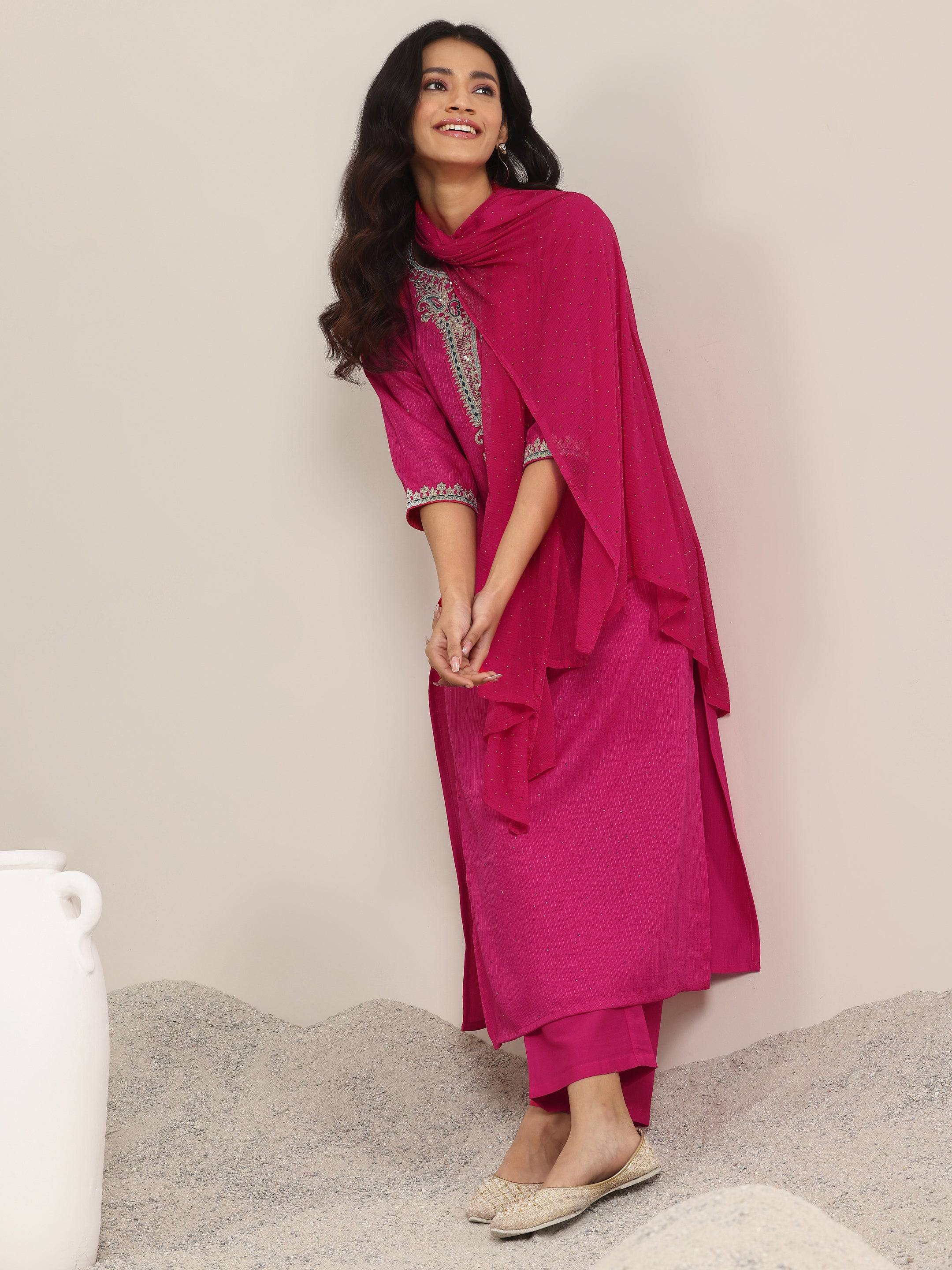 Pink Yoke Deisgn Silk Blend Straight Su... Buy only at ₹3299