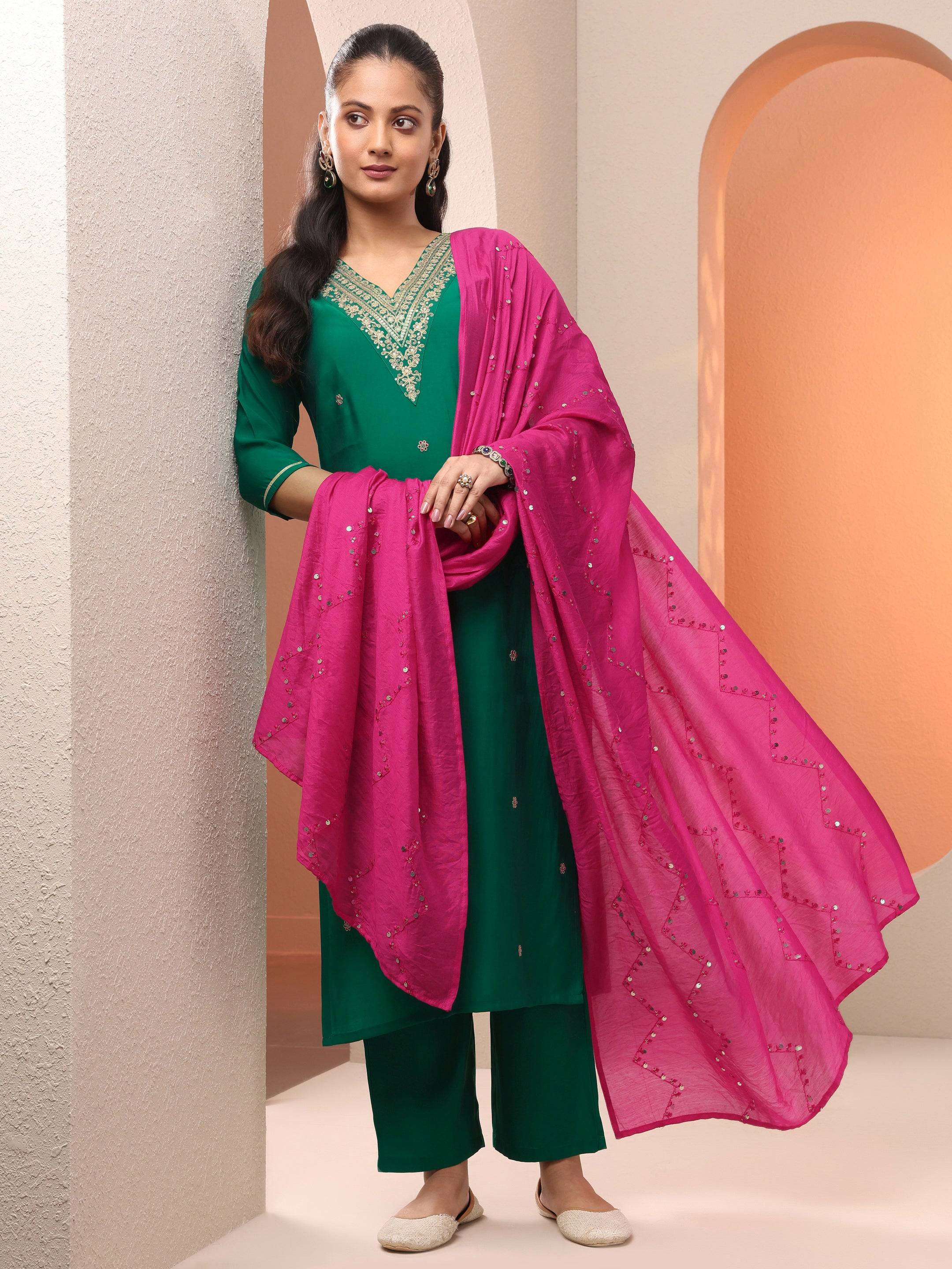Green Embroidered Silk Blend Straight S... Buy only at ₹2499