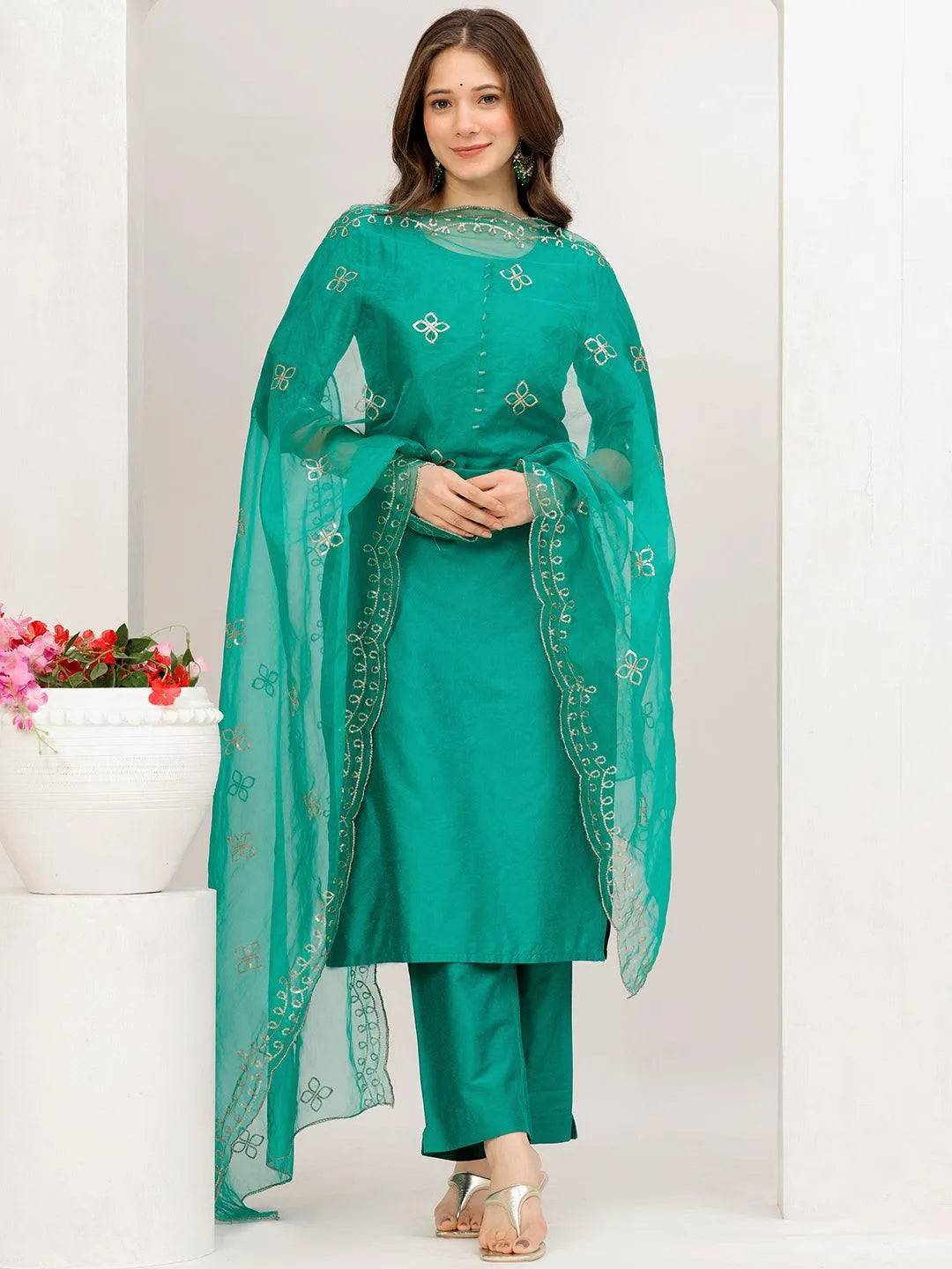 Green Solid Silk Blend Straight Suit Wi... Buy only at ₹3299