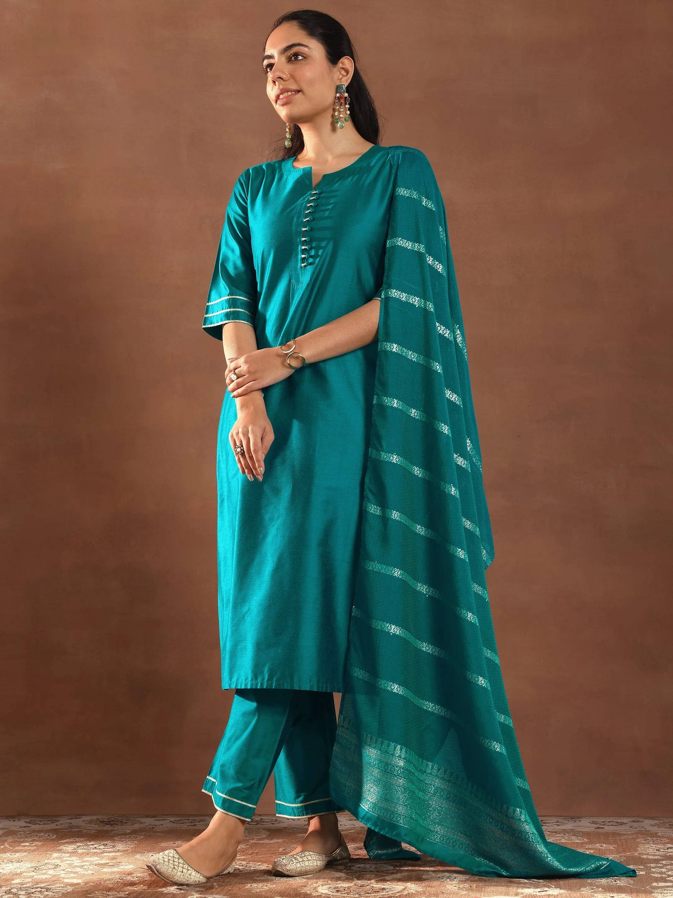 Teal Solid Silk Blend Straight Suit Set... Buy only at ₹2999