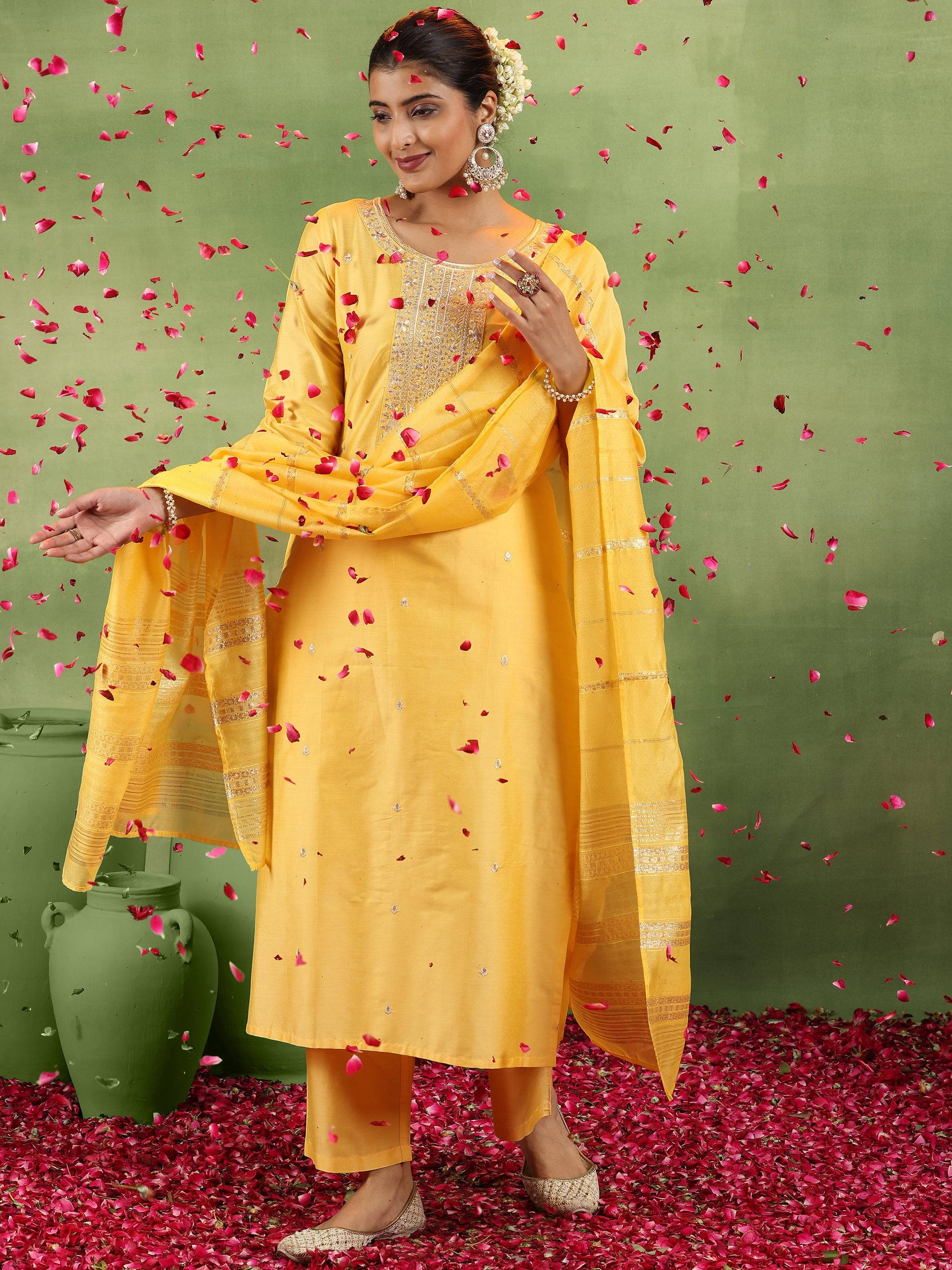 Yellow Embroidered Silk Blend Straight ... Buy only at ₹4899