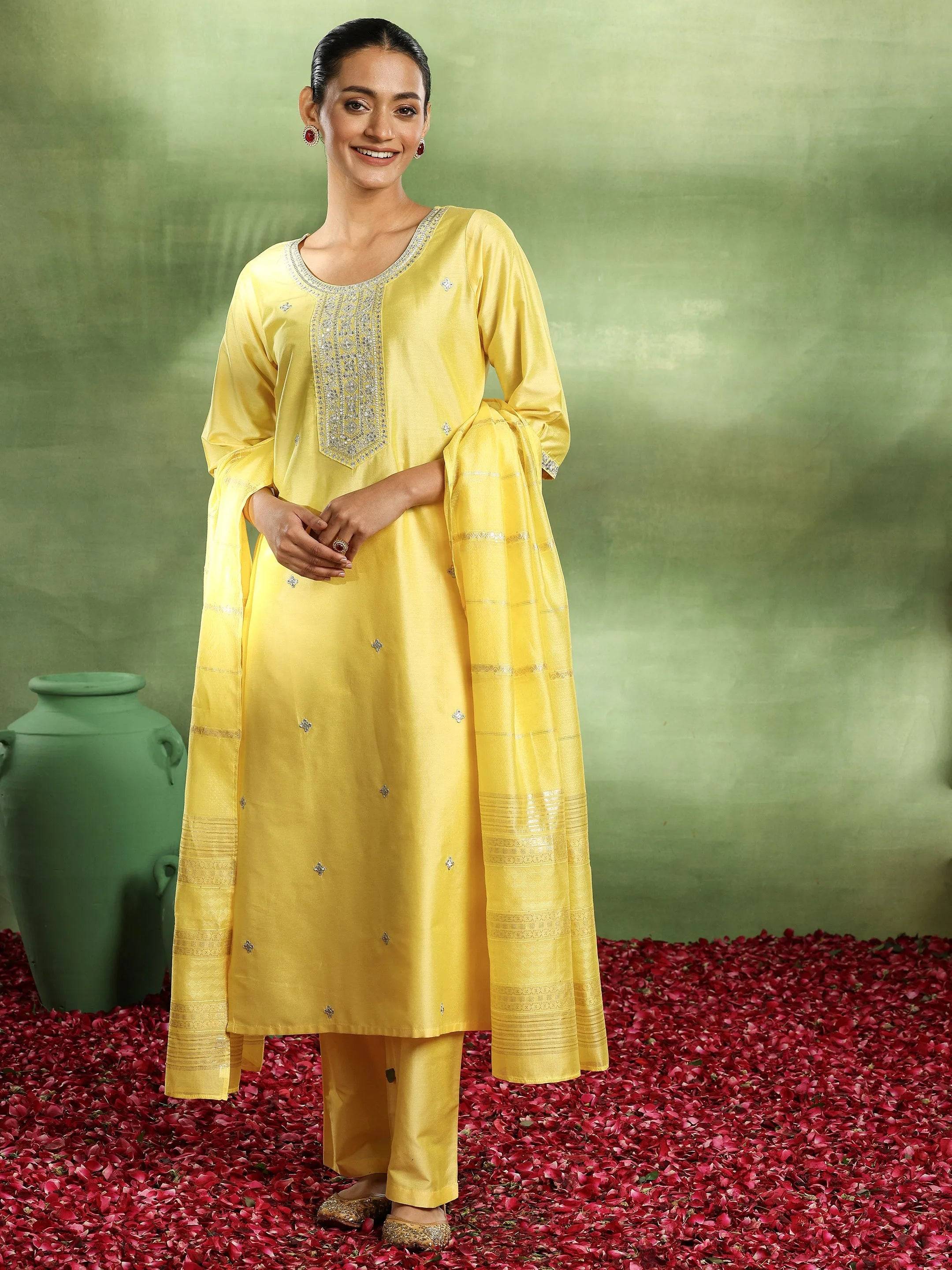 Yellow Embroidered Silk Blend Straight ... Buy only at ₹2999