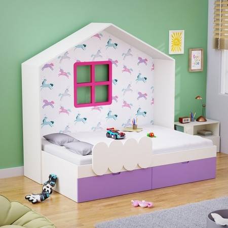 Little Hut Bed 6X4 Drawers On Wheels In White and Purple Colour65