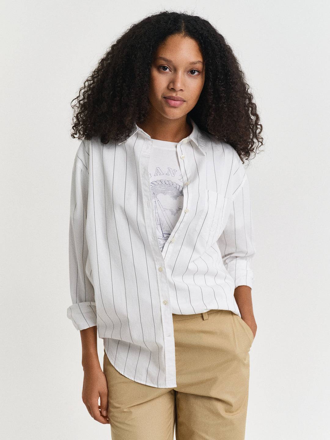 Gant Women White Spread Collar Full Sleeves Shirt