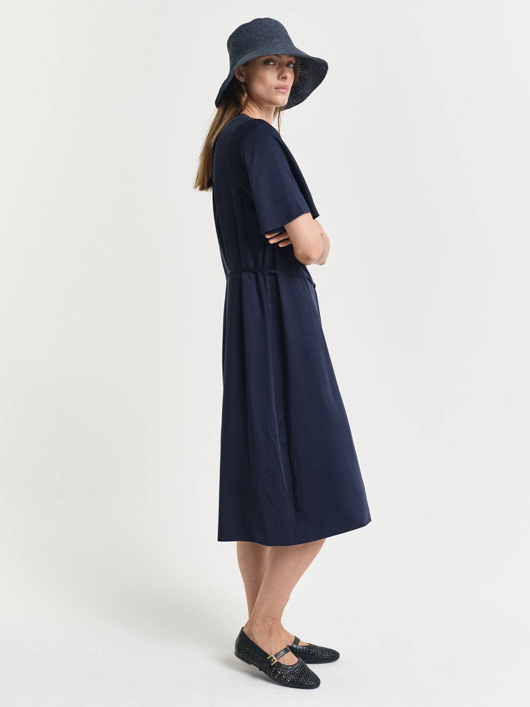 Gant Women Navy Blue Solid V-Neck Short Sleeves Shift Dress