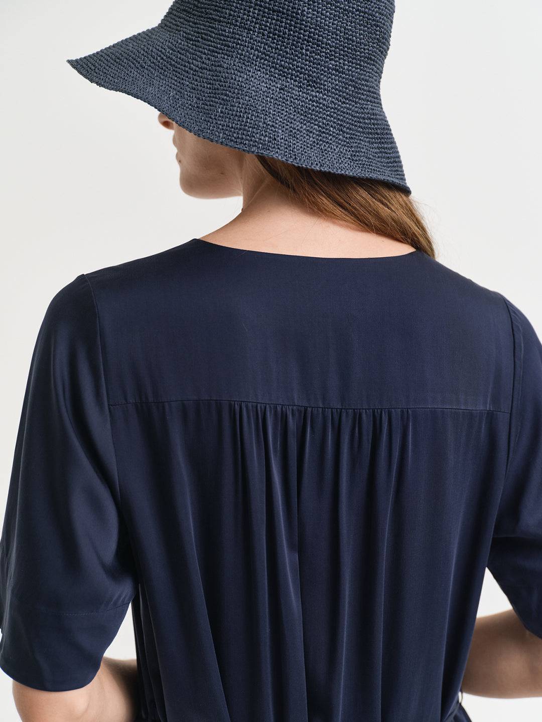 Gant Women Navy Blue Solid V-Neck Short Sleeves Shift Dress