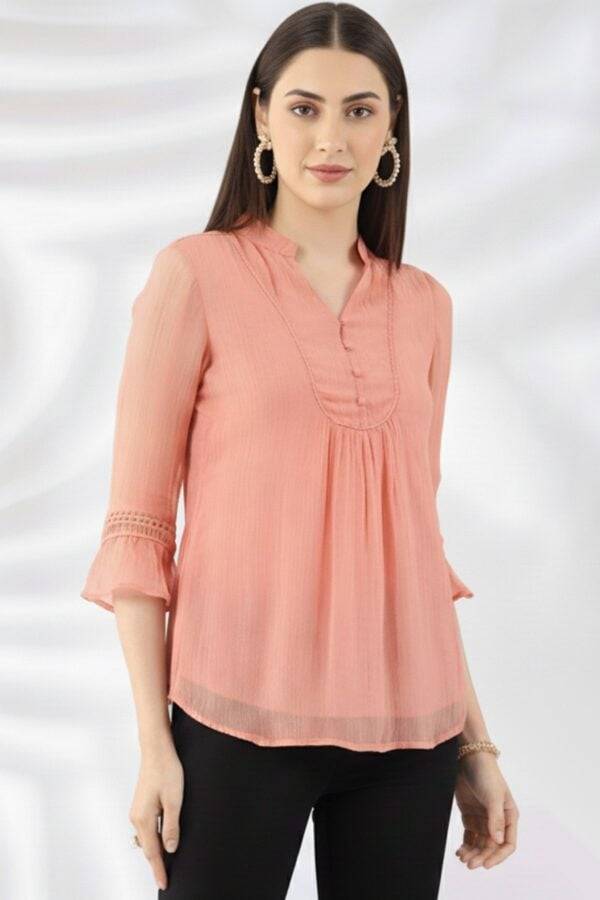 Peach Solid Viscose Casual Top with Mandarin Collar