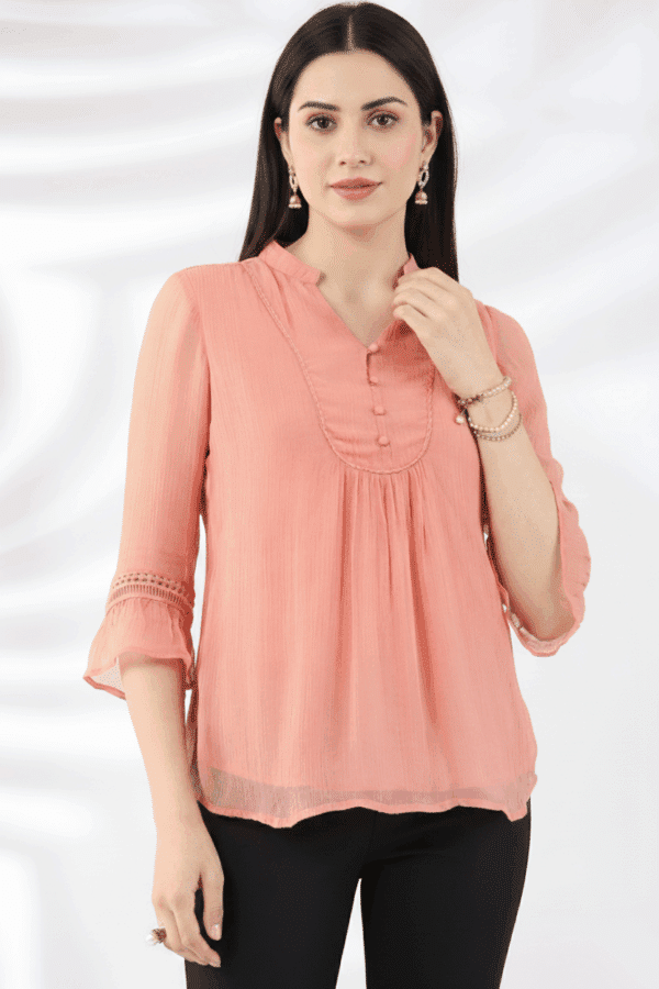 Peach Solid Viscose Casual Top with Mandarin Collar