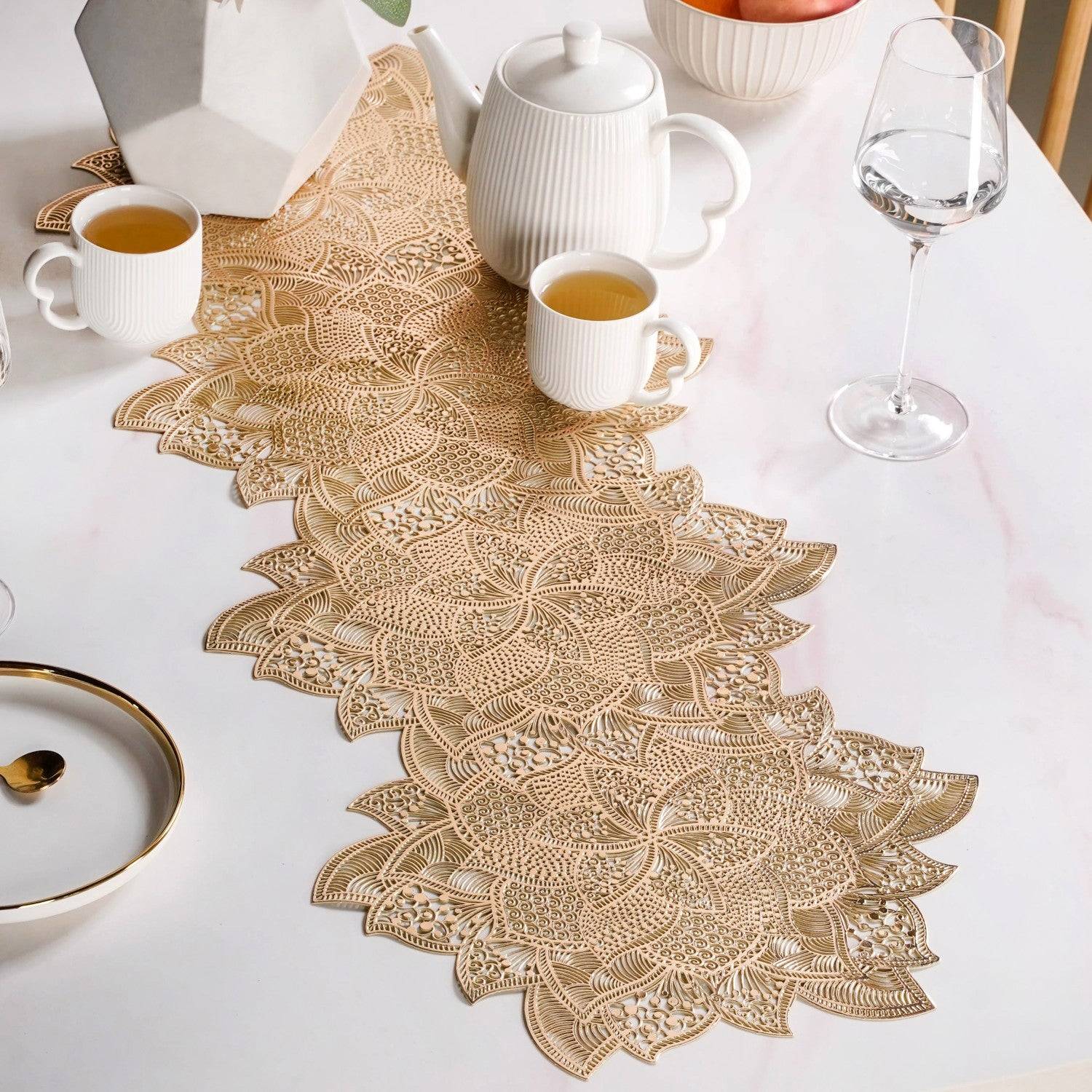 Floral Cutwork Table Runner Gold 90x35cm