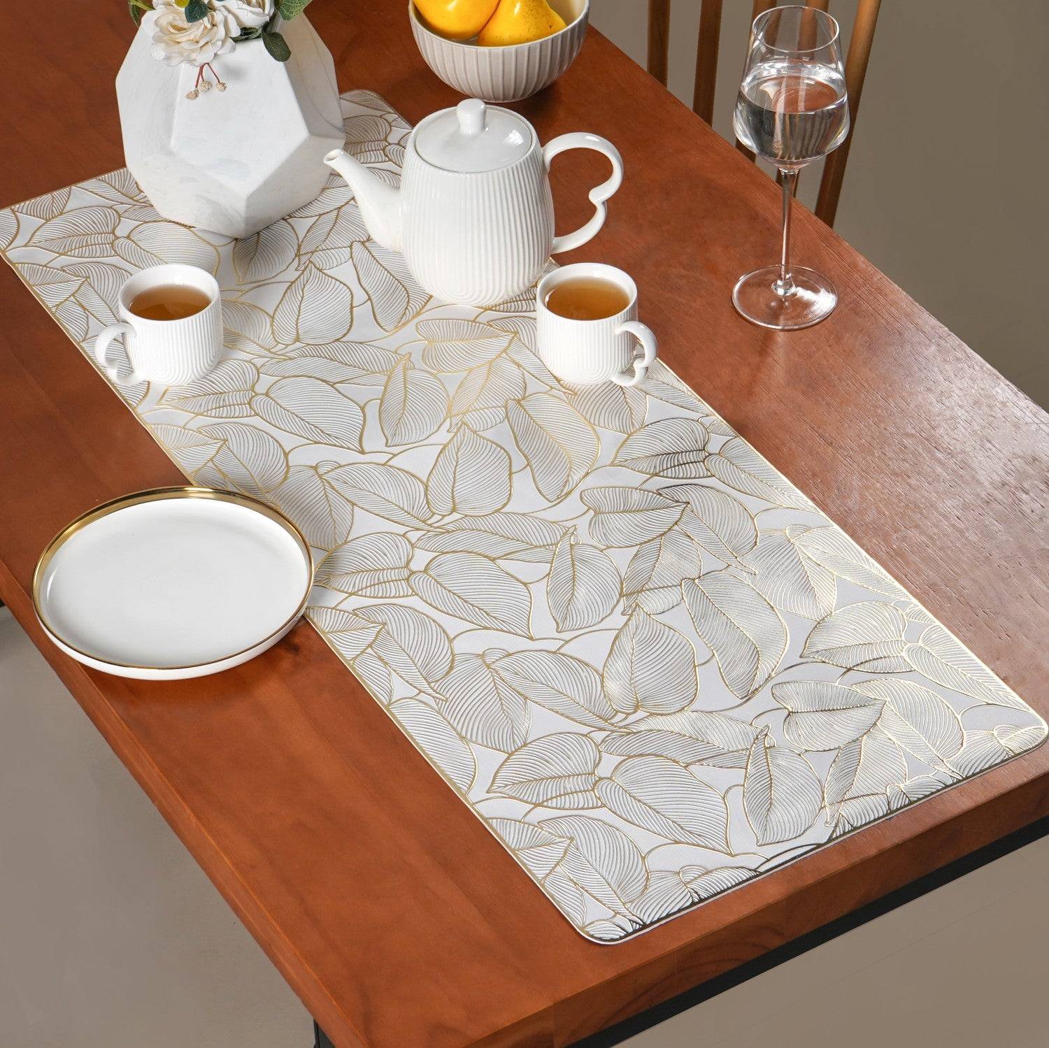 Leaf Embossed Golden Table Runner 91x35cm